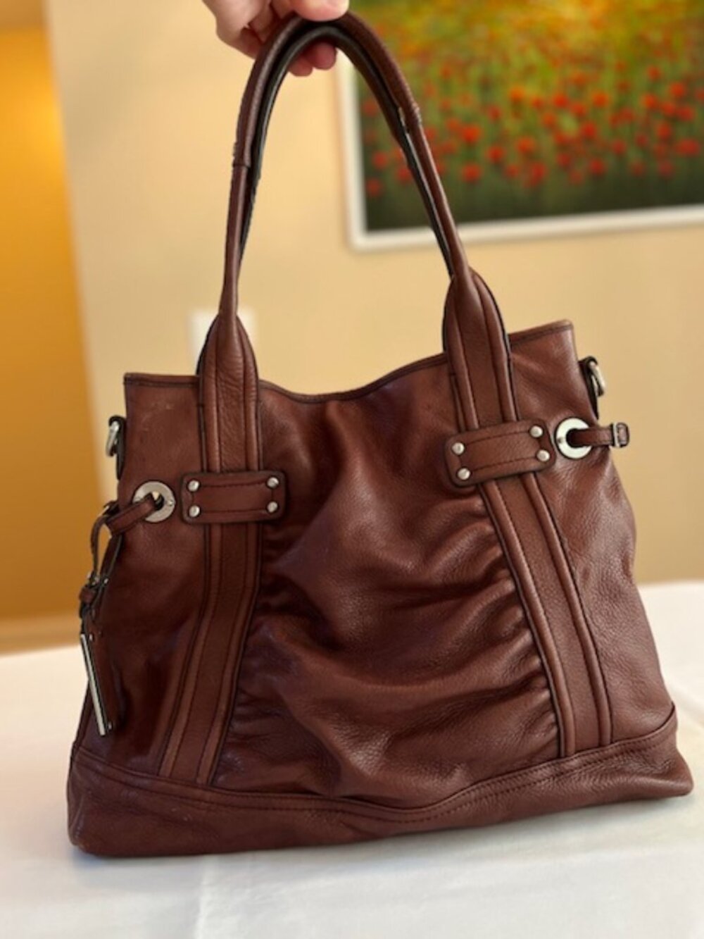 B. MAKOWSKY | Cognac Brown Pebbled Leather Shoulder Bag Hobo-EUC